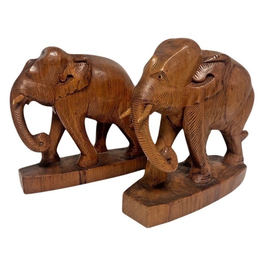 Vintage Hand Carved Wood Elephant Figurine Set Pair Rustic Animal Decor 7.5"